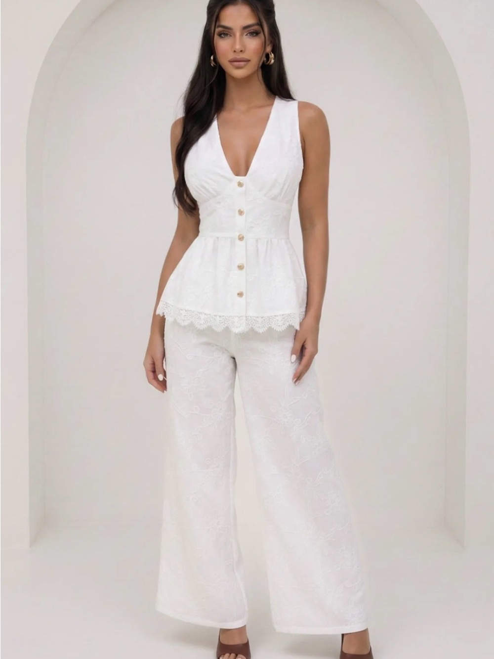 White Lace Peplum Set - Elegant Wide-Leg Pants
